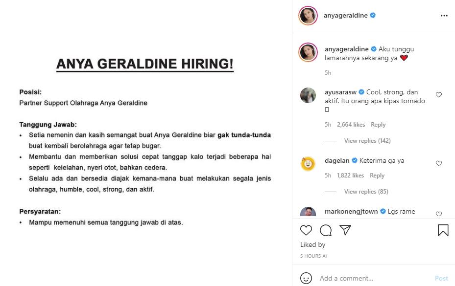 Anya Geraldine buka lowongan untuk partner olahraga. (Instagram/anyageraldine)