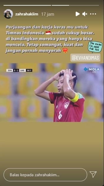 Instagram Stories Zahra Hakim yang semangati Evan Dimas. (Instagram/zahrahakiim)