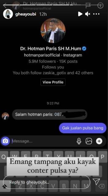 Ghea Youbi dapat DM dari Hotman Paris yang memberikan nomor HP miliknya. (Instagram/gheayoubi)