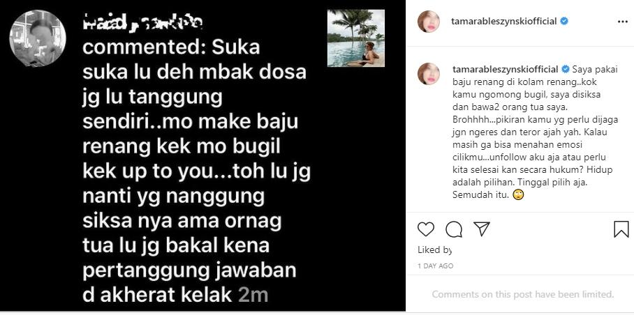 Tamara Bleszynski tanggapi komentar miring netizen. (Instagram/tamarableszynskiofficial)