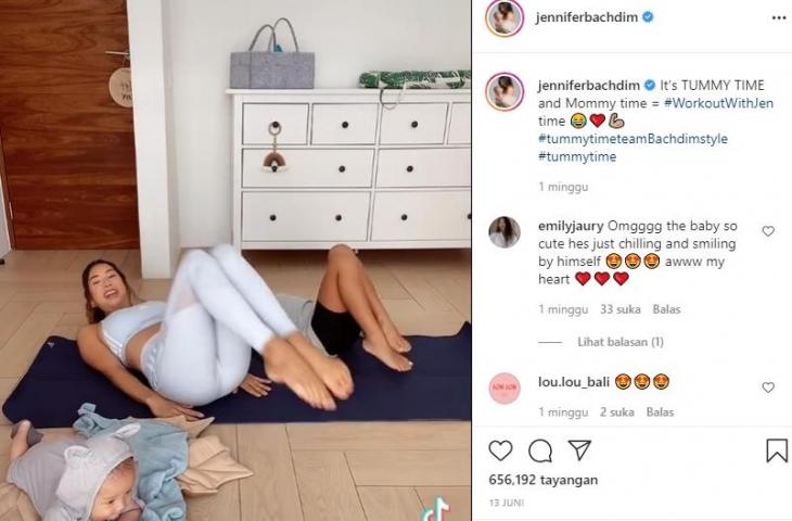 Potret Jennifer Bachdim olahraga sambul momong anak. (Instagram/@jenniferbachdim)