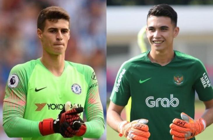 Kolase Kepa Arrizabalaga dan Nadeo Argawinata. (PSSI dan AFP)