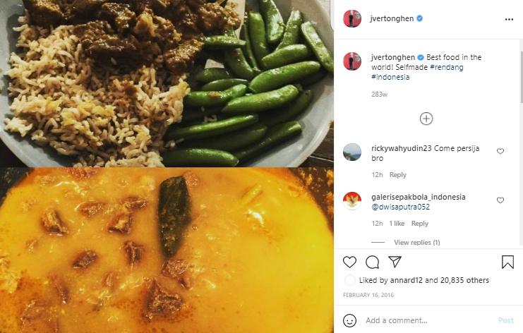 Jan Vertonghen menyebut rendang sebagai makanan terenak di dunia. (Instagram/@jvertonghen)