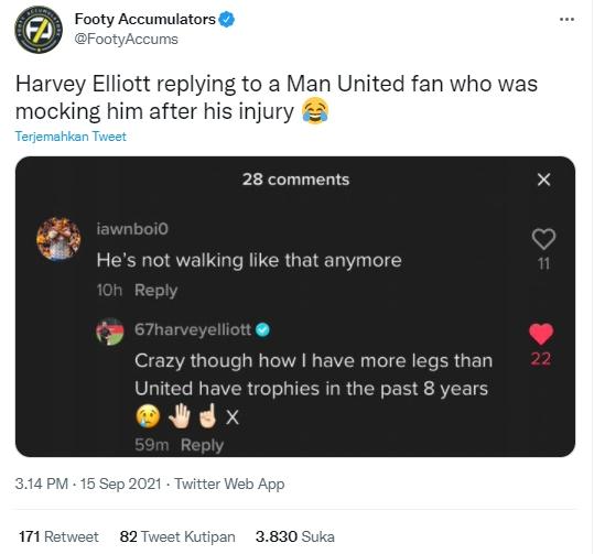 Harvey Elliott beri balasan menohok usai dicibir fan Man United. (Twitter/@FootyAccums)