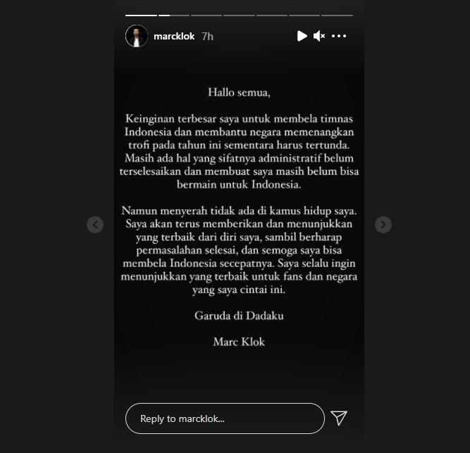 Marc Klok umumkan dirinya masih belum bisa membela Timnas Indonesia. (Instagram/marcklok)