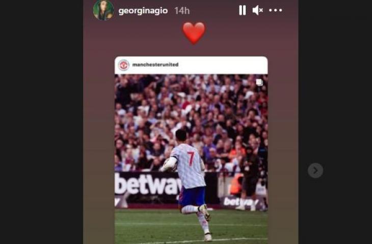 Reaksi Georgina Rodriguez usai Ronaldo sumbang gol buat MU. (Instagram/@georginagio)