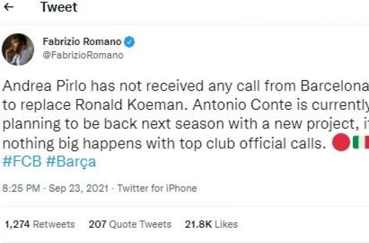 Cuitan Fabrizio Romano soal Antonio Conte. (Twitter)