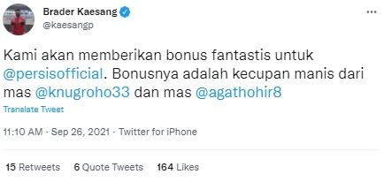 Cuitan Kaesang Pangarep soal bonus untuk Persis Solo. (Twitter/@kaesangp)