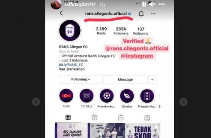 Instagram Rans Cilegon FC terverifikasi (Instagram/@raffinagita1717)