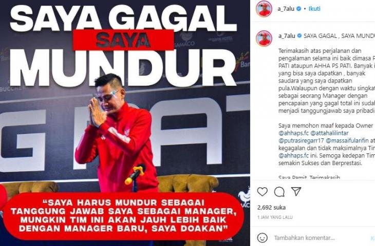 Manajer AHHA PS Pati FC, Doni Setiabudi mundur. (Instagram/@a_7alu)