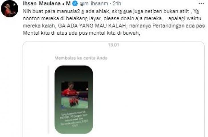 Cuitan Ihsan Maulana Mustofa dukung Jonatan Christie. (Twitter)