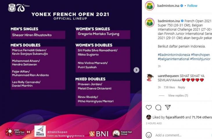 Wakil Indonesia di French Open 2021. (Instagram/@badminton.ina)