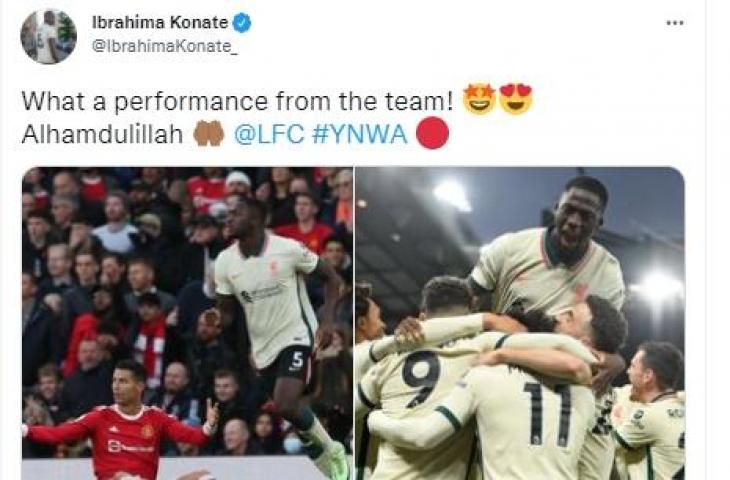 Cuitan Ibrahima Konate usai Liverpool vs Manchester United. (Twitter/@IbrahimaKonate_)