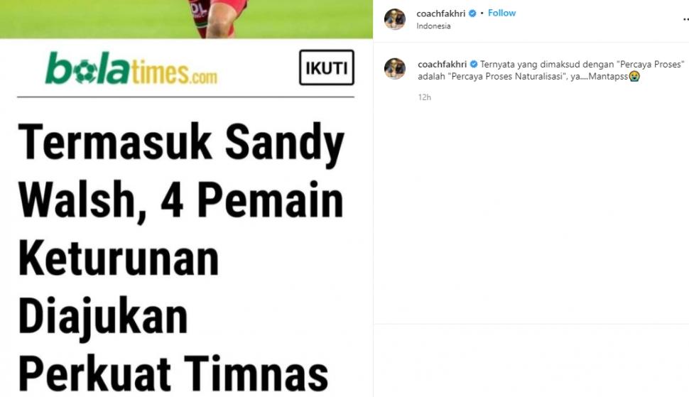 Fakhri Husaini sindir rencana pengajuan empat pemain keturunan untuk bela Timnas Indonesia. (Instagram/coachfakhri)