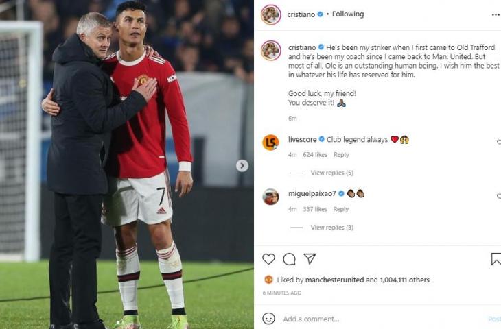 Cristiano Ronaldo tanggapi pemecatan Ole Gunnar Solskjaer. (Instagram/@cristiano)