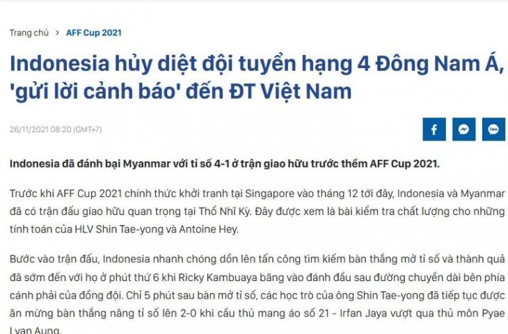 Media Vietnam soroti kemenangan Timnas Indonesia atas Myanmar. (TheThao24)