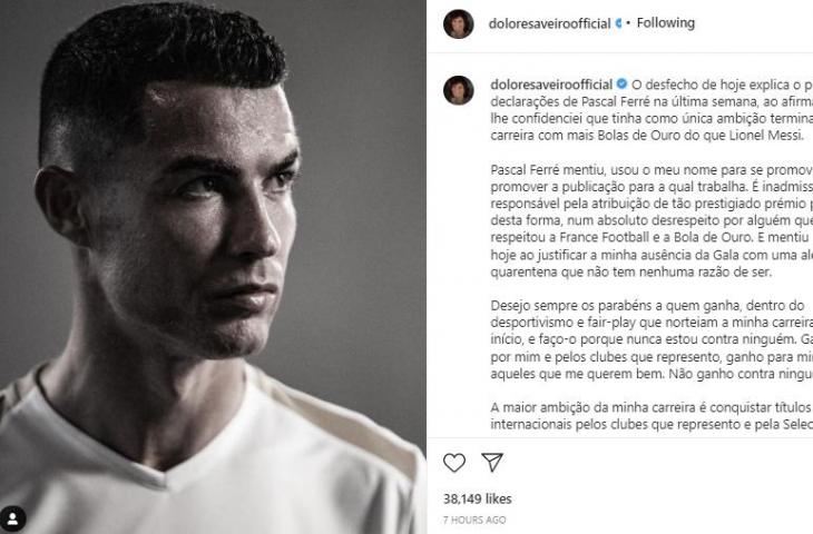 Maria Dolores bagikan ulang postingan Cristiano Ronaldo. (Instagram/@doloresaveiroofficial)