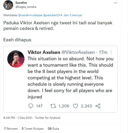 Cuitan Viktor Axelsen yang dihapus. (Twitter/@bagas_tanaka)