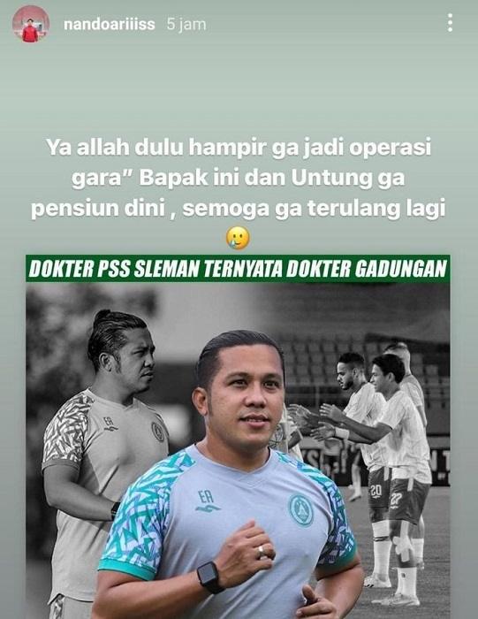 Pengalaman pahit Ernando Ari dengan dokter gadungan yang pernah menangani PSS Sleman. (Instagram/nandoariiiss)