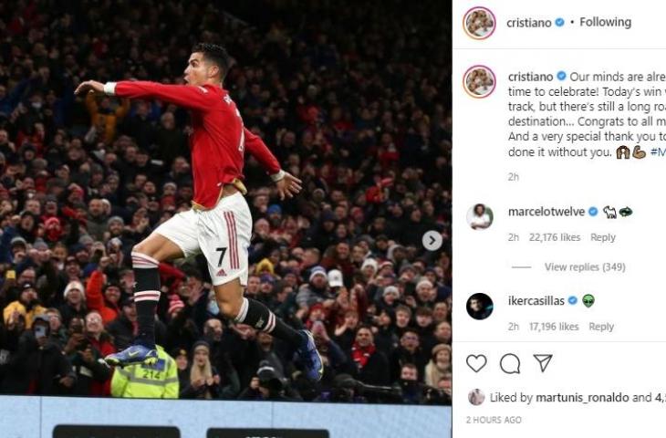 Postingan akun Cristiano Ronaldo seusai Manchester United kalahkan Arsenal. (Instagram/@cristiano)