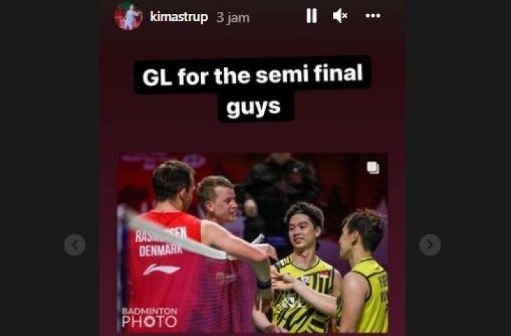 Pebulu Tangkis Denmark menyemangati Kevin Sanjaya Sukamuljo/Marcus Fernaldi Gideon. (Instagram/@kimastrup)