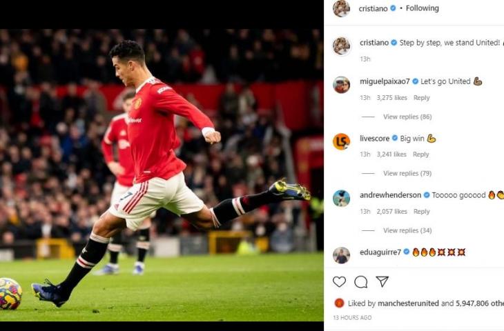 Postingan Ronaldo usai Manchester United raih kemenangan perdana di bawah asuhan Rangnick. (Instagram/cristiano)