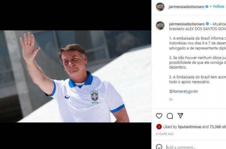 Presiden Brasil Jair Bolsonaro mengenasi kasus Alex Goncalves vs Tira Persikabo. (Instagram/@jairmessiasbolsonaro)