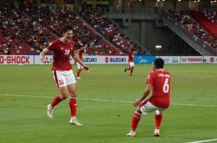 Selebrasi Elkan Baggott dan Evan Dimas usai menjebol gawang Malaysia di Piala AFF 2020. (Dok. PSSI)