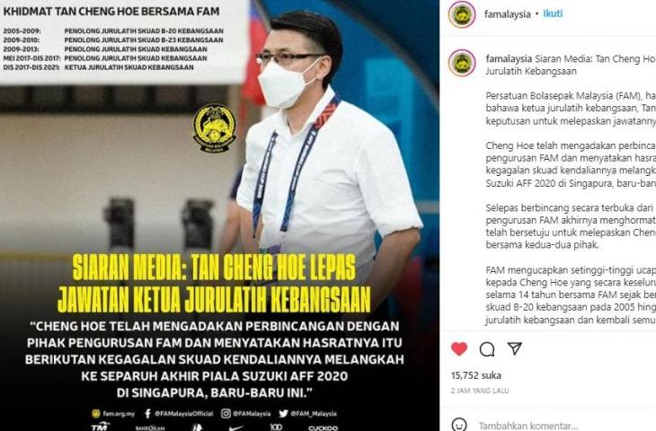 Tan Cheng Hoe mundur dari pelatih Timnas Malaysia. (Instagram/@famalaysia)