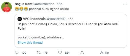 Cuitan Bagus Kahfi disebut galau main di luar negeri atau jadi polisi. (Twitter/@callmekribo)