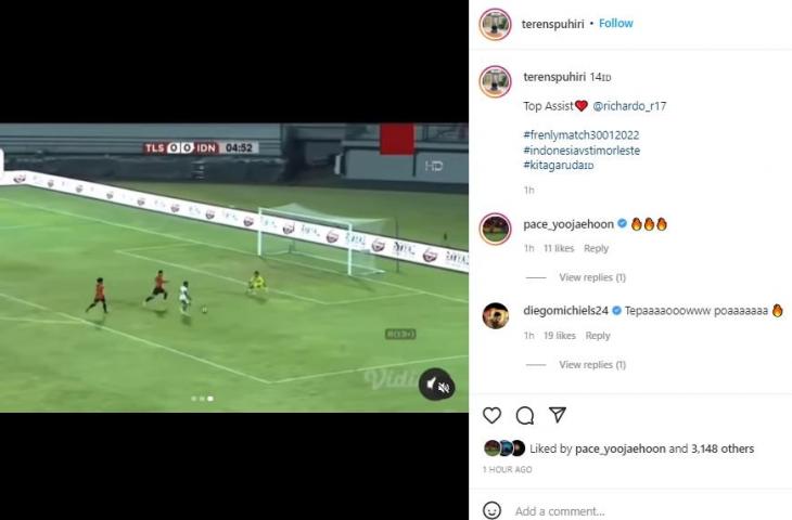 Momen Terens Puhiri cetak gol untuk Timnas Indonesia saat laga kontra Timor Leste di FIFA Matchday, Minggu (30/1/2022). (Instagram/@terenspuhiri)