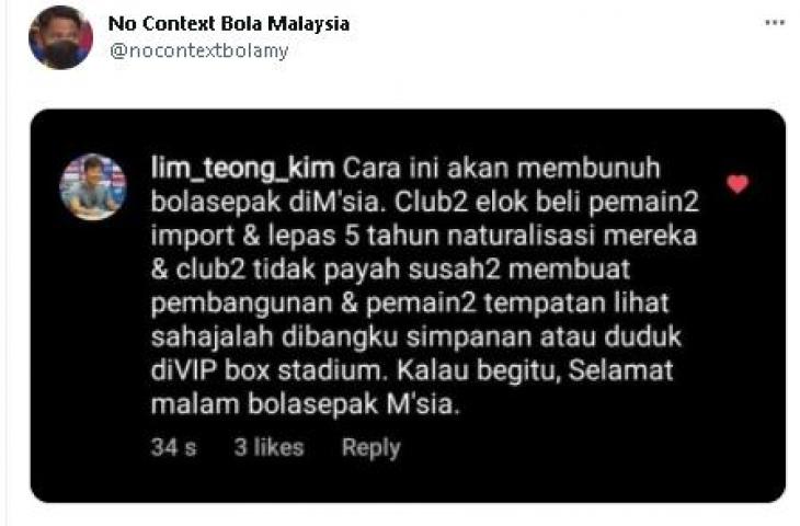 Lim Teong Kim soal naturalisasi pemain Malaysia. (Instagram)