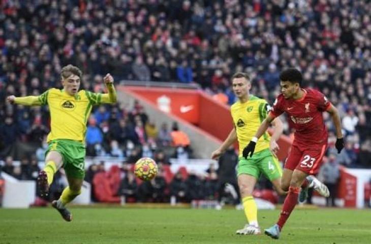 Luis Diaz cetak gol pertamanya saat Liverpool bungkam Norwich City 3-1 dalam lanjutan Liga Inggris. (OLI SCARFF / AFP)