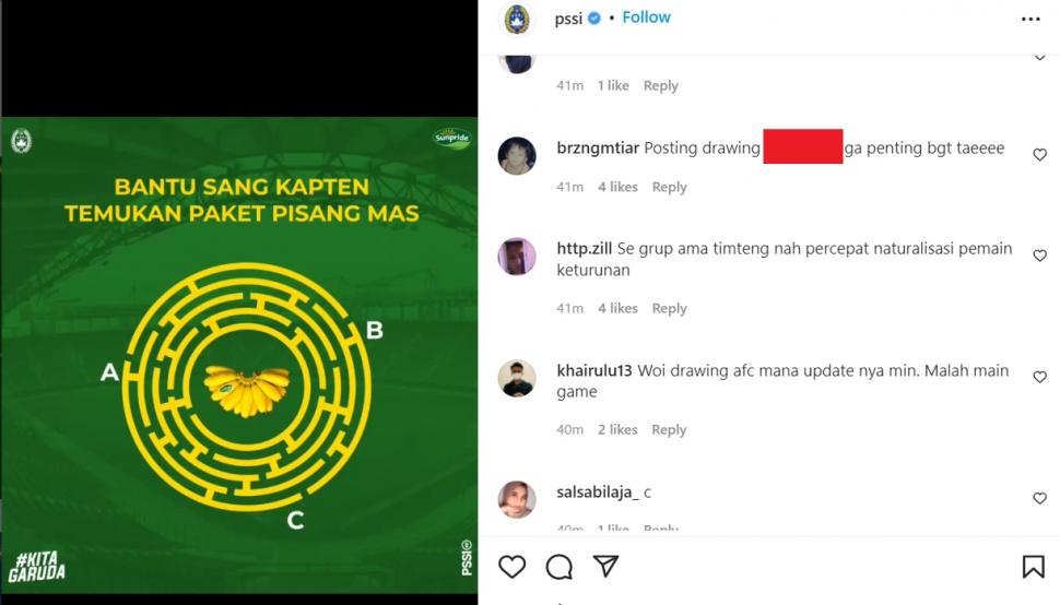 Netizen kecewa PSSI tak kunjung mengunggah hasil undian Kualifikasi Piala Asia 2023. (Instagram/@PSSI)