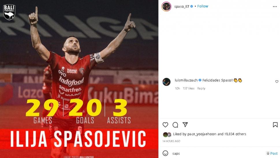 Bomber Bali United Ilija Spasojevic dikomenari Luis Milla. (Instagram/@spaso_87)