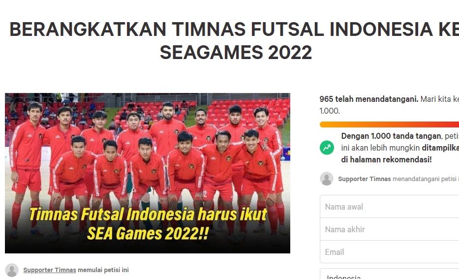 Petisi dukung timnas Futsal Indonesia untuk diberangkatkan ke SEA Games 2021. (chage.org)