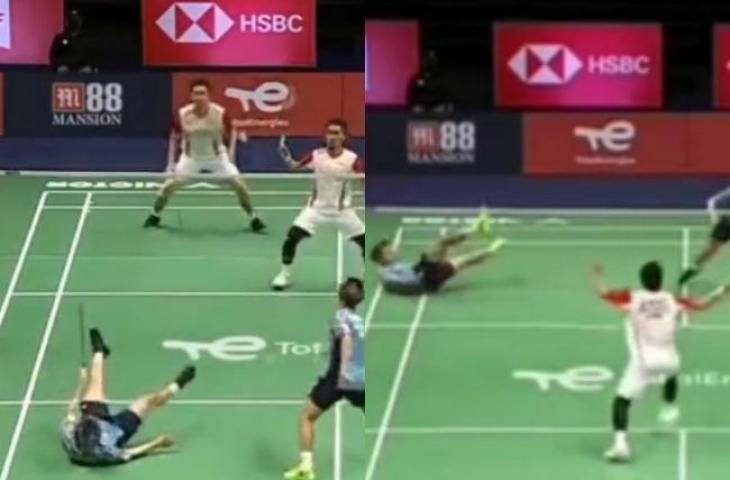 Momen Hendra/Ahsan buat ganda Thailand rebahan di lapangan. (Twitter/@komisiwasit)