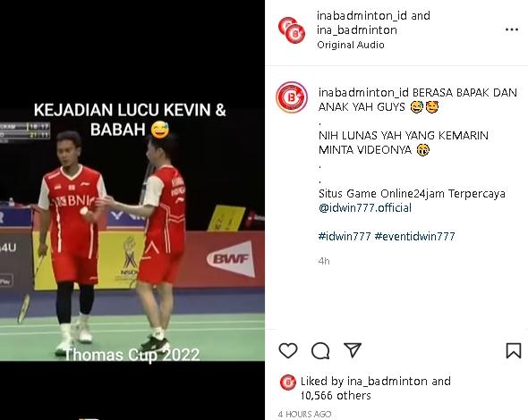 Momen Kevin Sanjaya Sukamuljo/Marcus Fernaldi Gideon di Piala Thomas 2022. (Instagram/@ina.badminton)