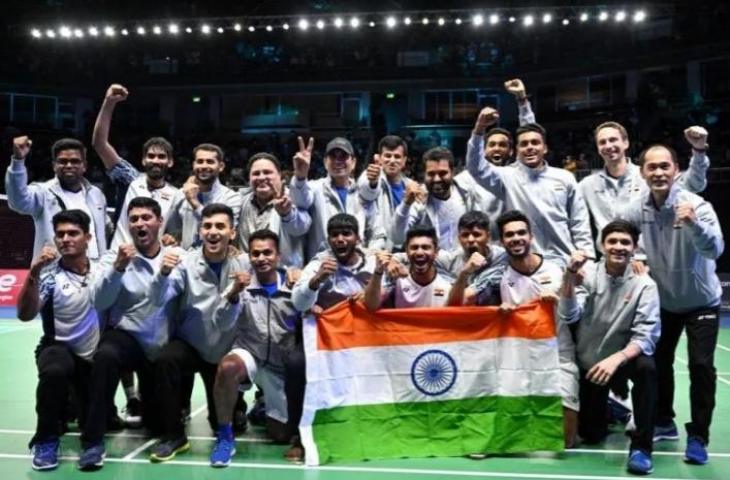 Tim India juara Piala Thomas 2022 di Bangkok, Thailand, pada 15 Mei 2022. (Photo by Manan VATSYAYANA )