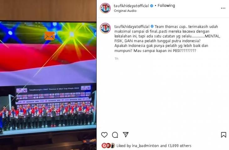 Taufik Hidayat senggol PBSI usai Indonesia gagal juarai Piala Thomas 2022. (Instagram/@taufikhidayatofficial)