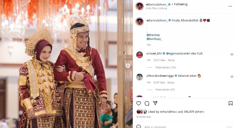 Pemain Timnas Indonesia Witan Sulaeman resmi menikahi Rismahani. (Instagram/@witansulaeman_)