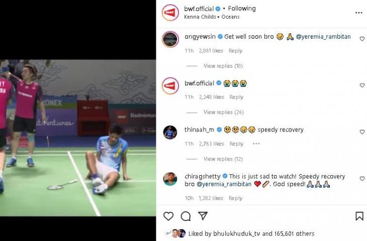 Ganda putra Indonesia Yeremia Rambitan cedera saat Indonesia Open 2022. (Instagram/@bwfofficial)