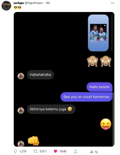 Chat Fajar Alfian dan Hendra Setiawan. (Twitter/@FajarAlviaan)