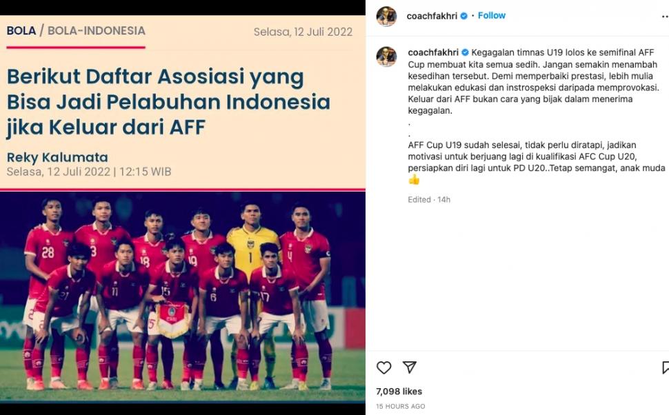 Respons Fakhri Husaini terkait desakan Indonesia keluar dari AFF buntut dugaan dicurangi di Piala AFF U-19 2022. (Instagram/coachfakhri)