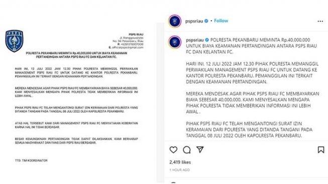 Surat PSPS Riau terkait uang pengamanan Polresta Pekanbaru sebesar Rp40 juta. [Tangkapan layar Instagram PSPS Riau]