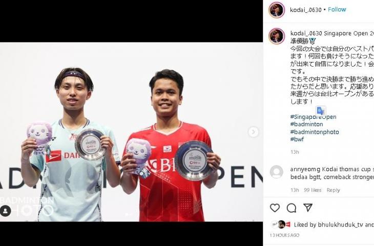 Pebulu tangkis tunggal putra Jepang Kodai Naraoka jadi runner up Singapore Open 2022. (Instagram)