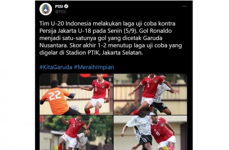 Aksi pemain Timnas Indonesia u-20 dalam melakukan ujicoba dengan Persija u-18 (Twitter)