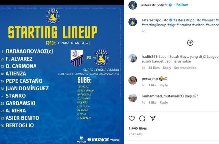 Nama Bagus Kahfi tak masuk dalam skuad Asteras Polis pada pekan lalu (Instagram)