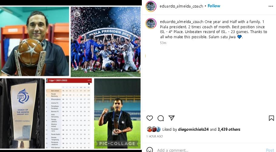 Postingan Eduardo Almeida usai dipecat Arema FC. (Instagram/@eduardo_almeida_coach)