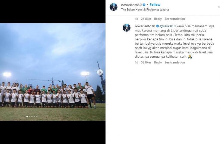 Nova Arianto menjawab sindiran netizen yang mengkritik timnas Indonesia U-19. (Instagram/novarianto30)